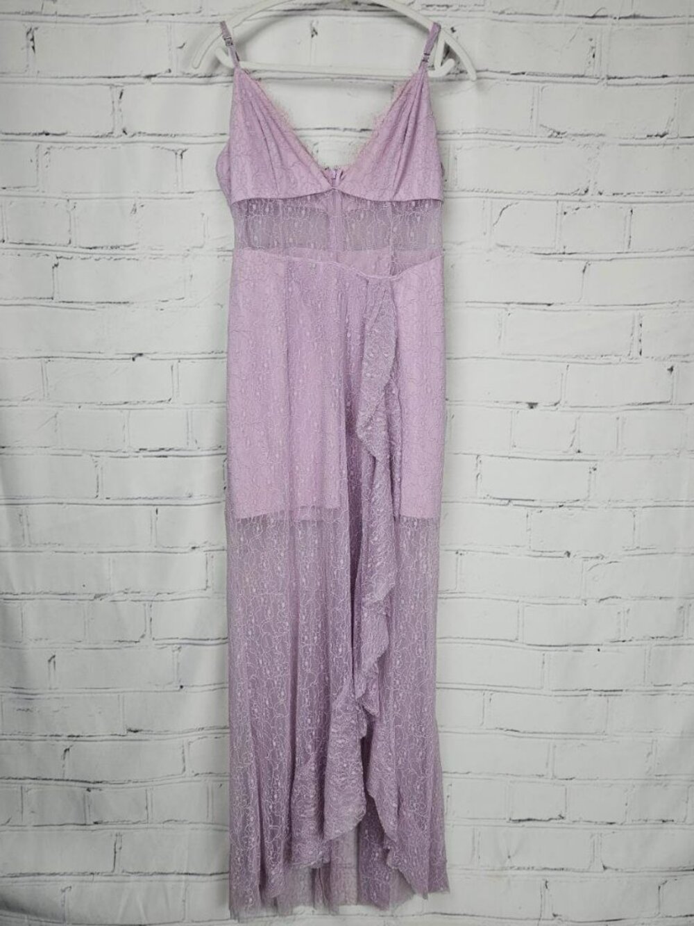 NBD Womens L Lavender Lace Maxi Dress Fairy Ruffles Lined Sheer Midsection
